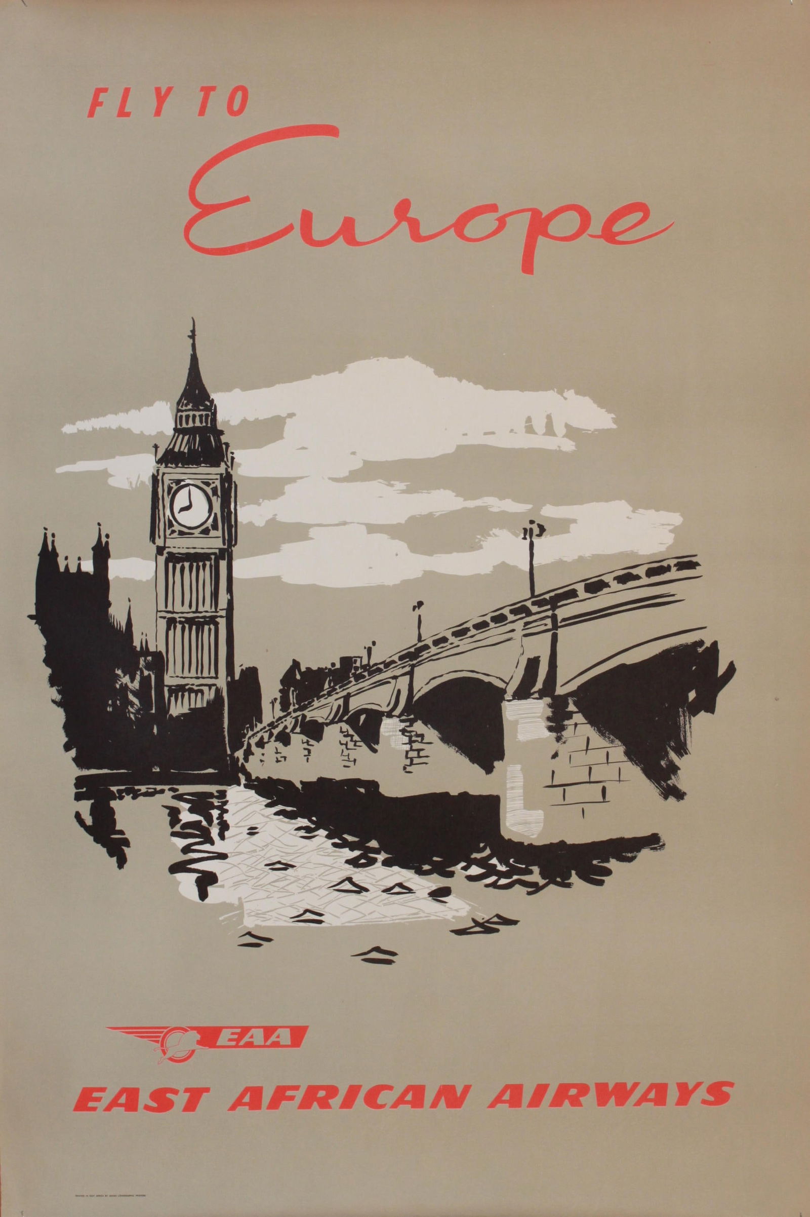 Fly to Europe (Westminster Bridge), original poster printed for East African Airways by Aerad - 76 x (1 of 1)
