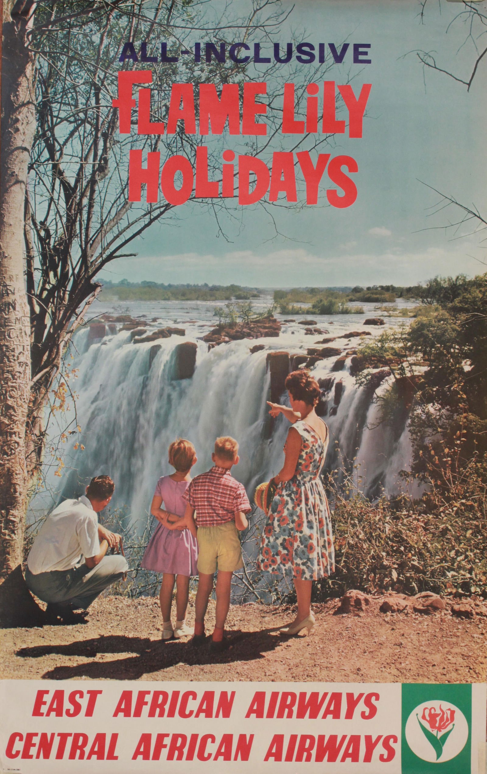 Flame Lily Hoildays, Zambesi River, original colour photographic travel poster , printed for East: Flame Lily Hoildays, Zambesi River, original colour photographic travel poster , printed for East and Central African Airways Joburg 1961 - 102 x 63cm