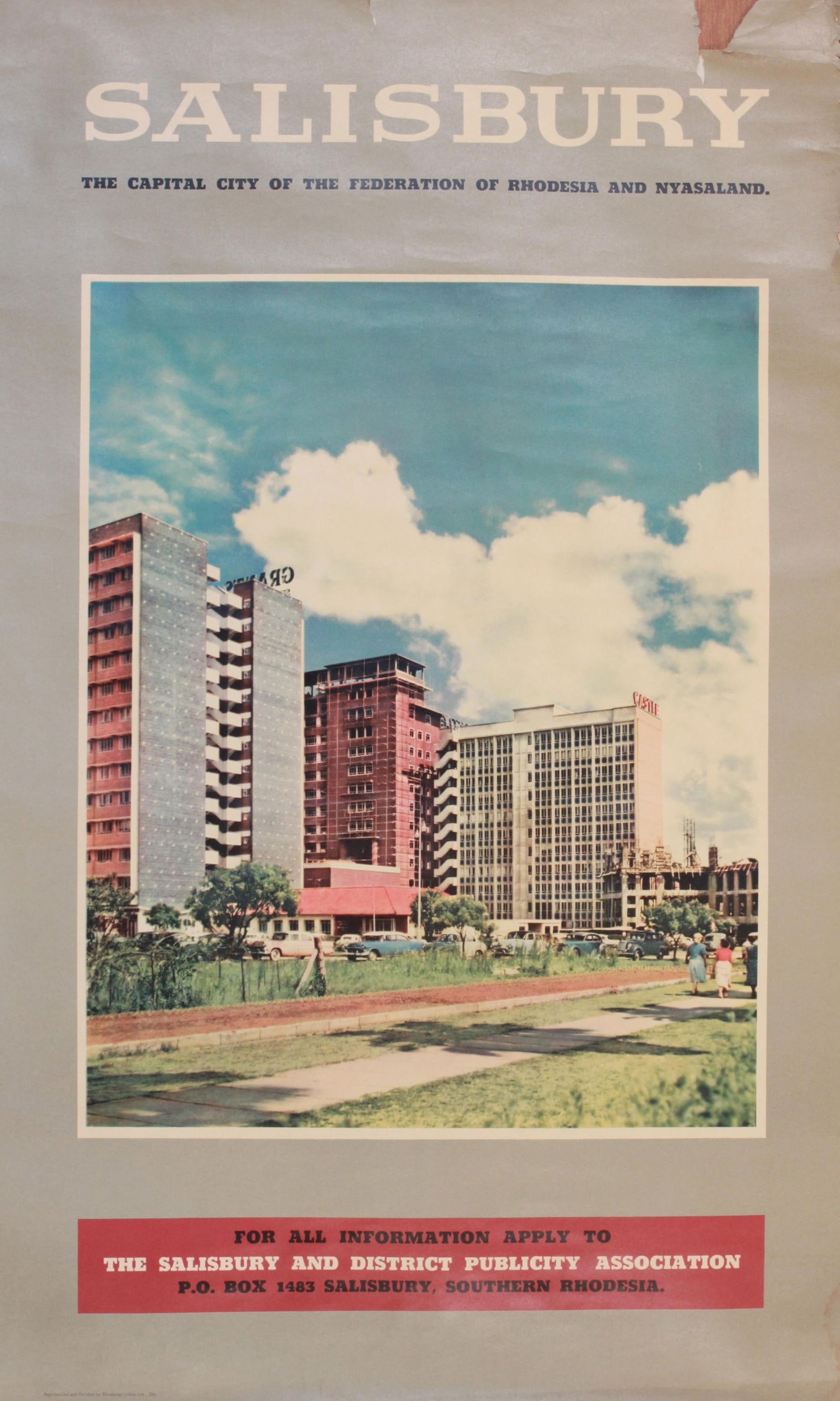 Salisbury Rhodesia, original colour photographic travel poster printed c. 1960 - 98 x 61 cm: Salisbury Rhodesia, original colour photographic travel poster printed c. 1960 - 98 x 61 cm