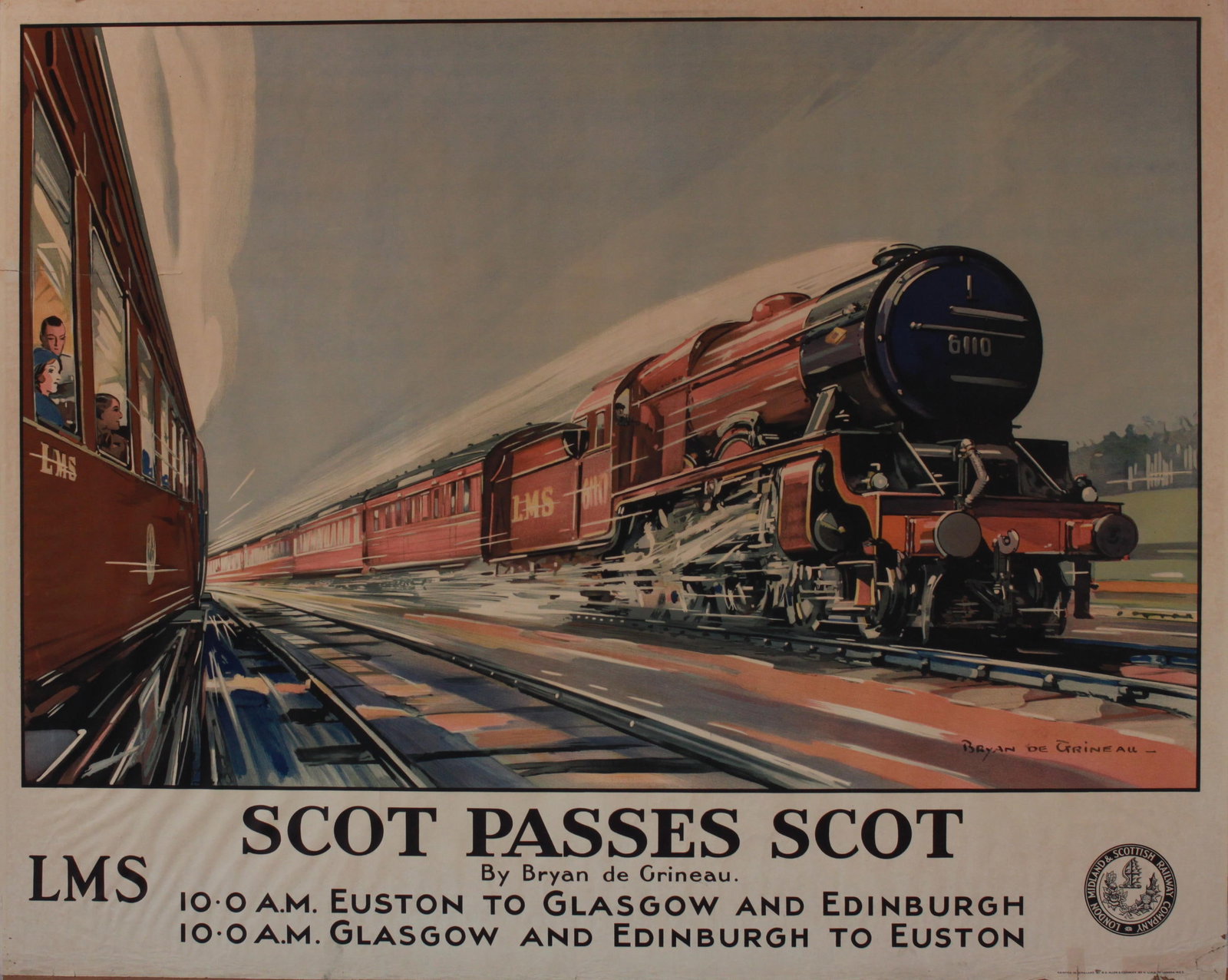 Bryan de Grineau (1882-1957) Scot Passes Scot, original poster printed for LMS by S C Allen 1937 - (1 of 2)