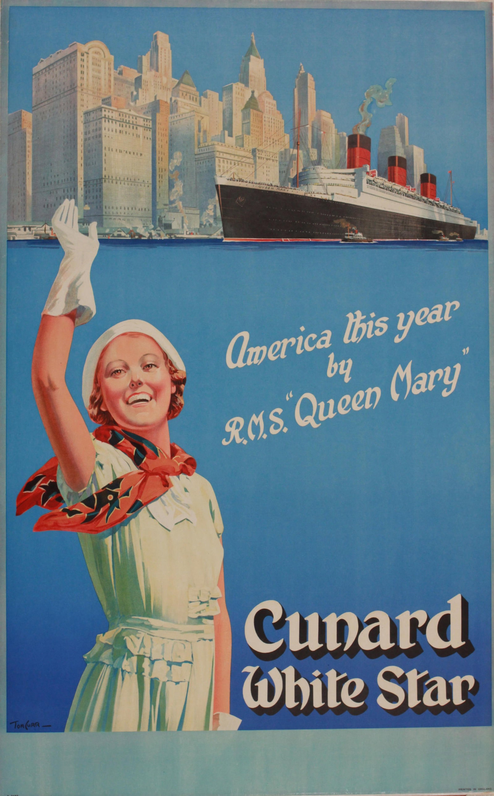 Tom Curr America this year by RMS "Queen Mary", original poster printed for Cunard White Star (1 of 1)