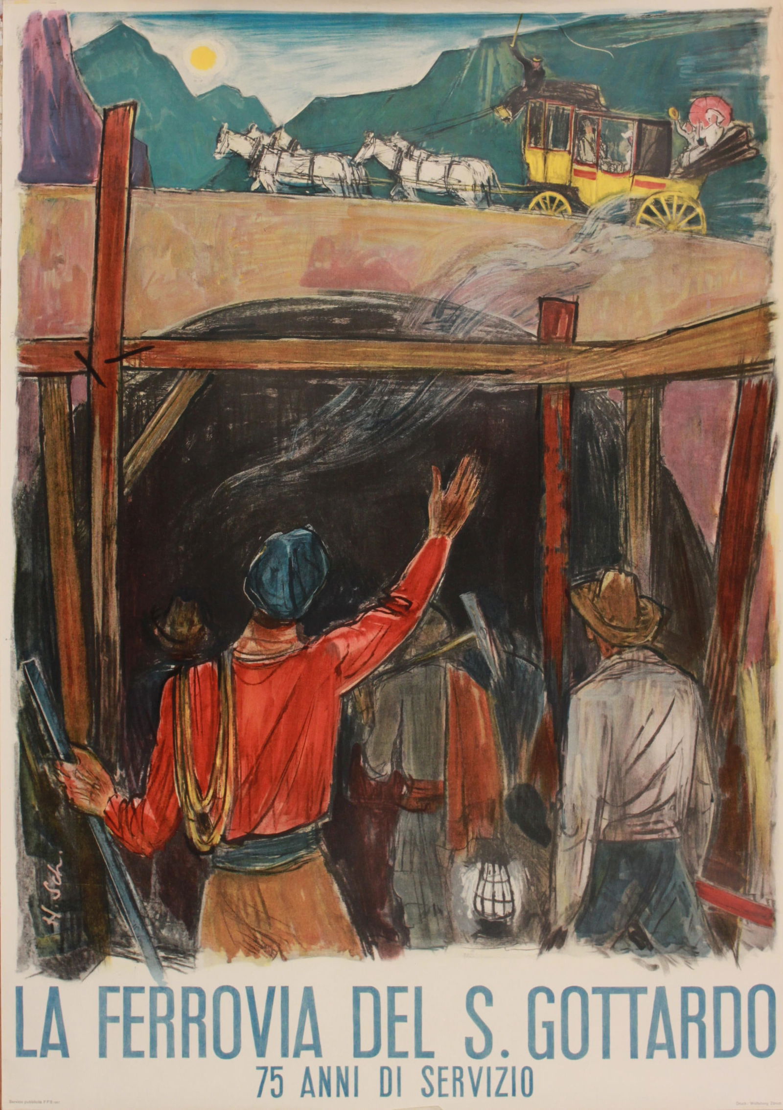 Hans Schollhorn La Ferrovia del S. Gottardo, original poster printed by Wolfsberg 1957 - 128 x 90 cm (1 of 1)