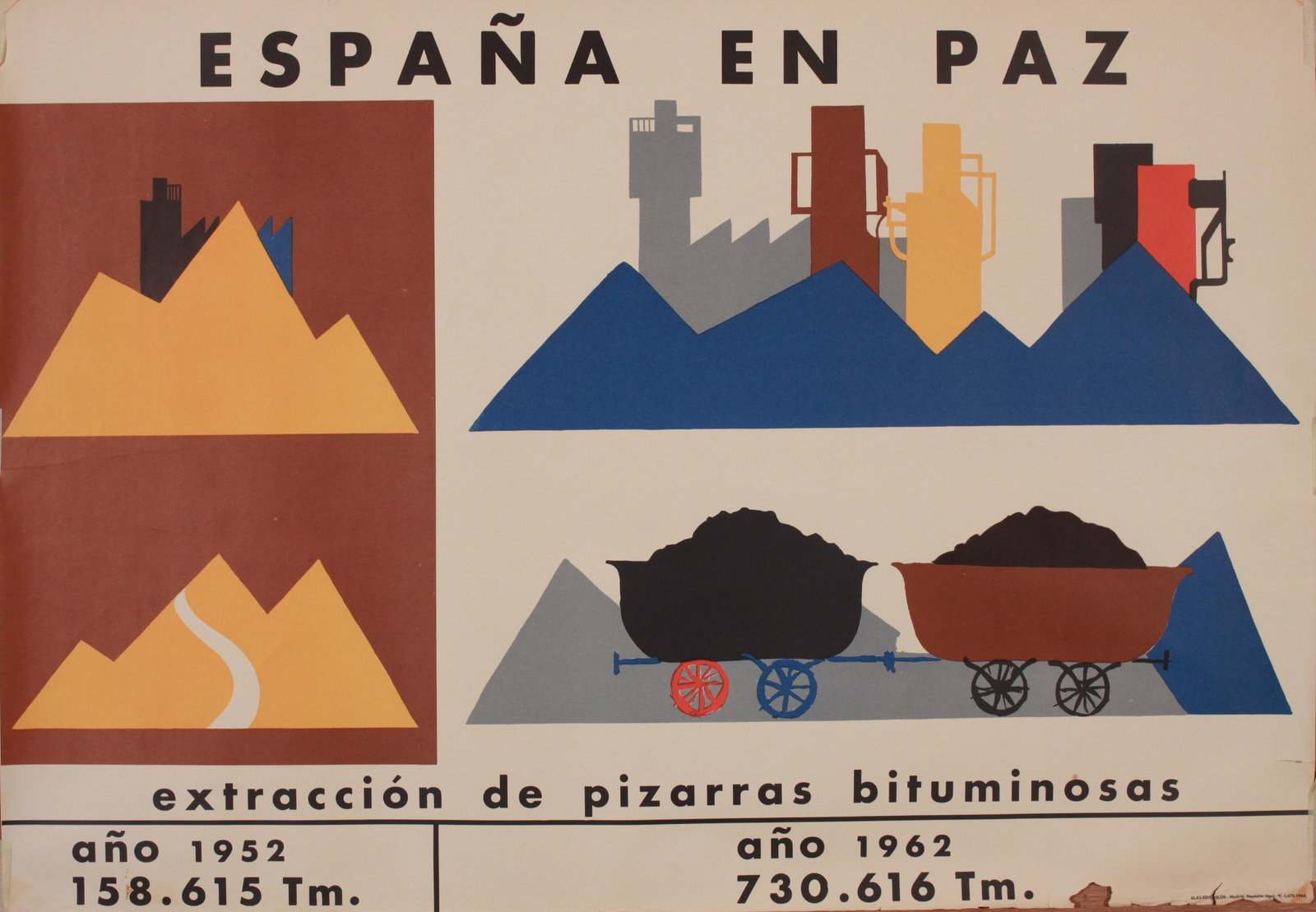 Alfredo Espa ña de Paz, Coal Mining, original lithograph poster printed by Alas-Edicolor Madrid: Alfredo Espa ña de Paz, Coal Mining, original lithograph poster printed by Alas-Edicolor Madrid 1964 - 98 x 68 cm; and another for Mining of Oil Shale (2)