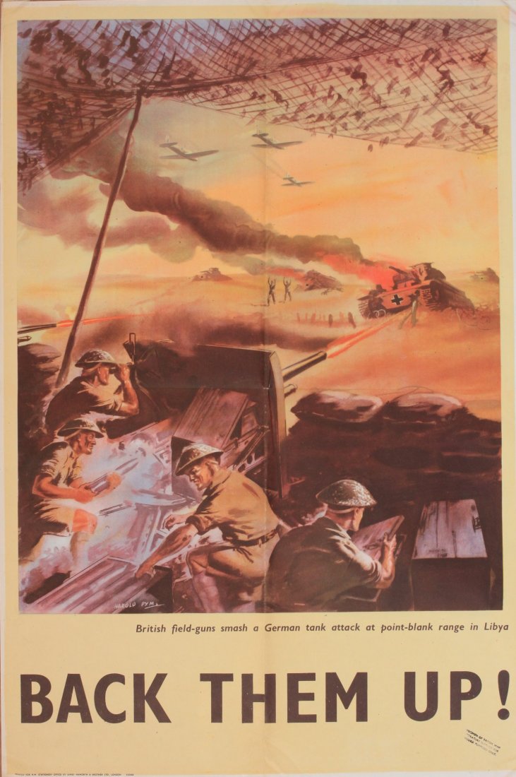 Harold Pym (dates unknown) Back Then Up!, British field: Harold Pym (dates unknown) Back Then Up!, British field-guns samsh a German tank attack at point-blank range in Libya, original WW2 poster printed by James Haworth circa 1940 - 76 x 51 cm