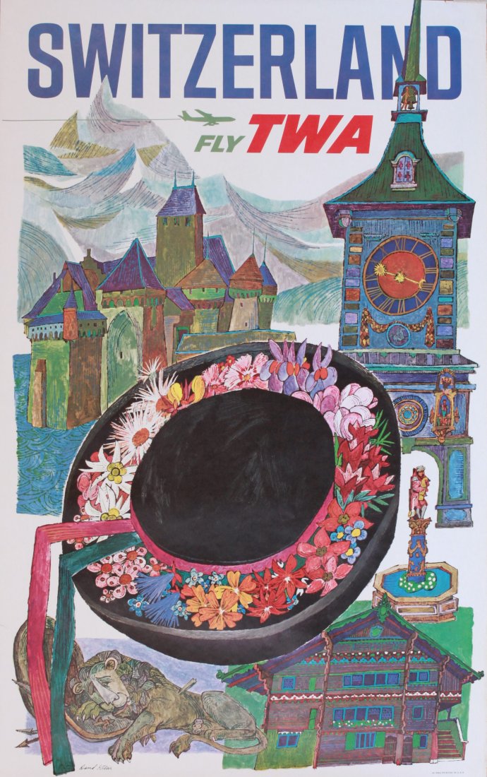 David Klein (1918-2005) Switzerland fly TWA, original p: David Klein (1918-2005) Switzerland fly TWA, original poster printed 1980 - 102 x 64 cm