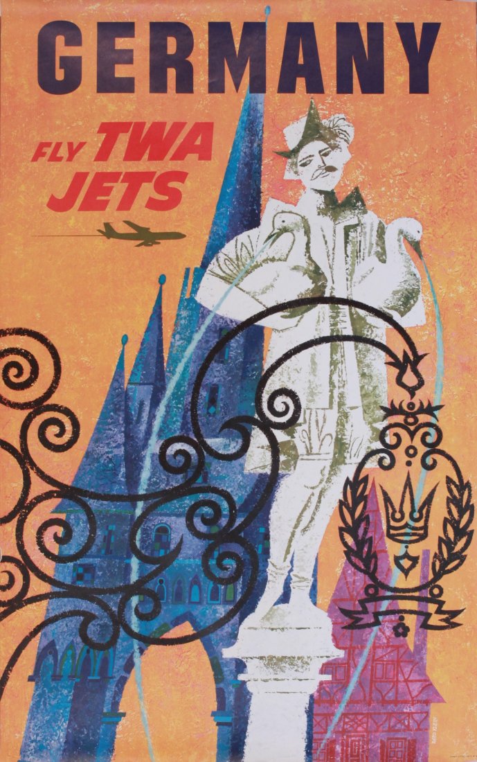 David Klein (1918-2005) Germany fly TWA Jets, original : David Klein (1918-2005) Germany fly TWA Jets, original poster printed 1967 - 102 x 64 cm