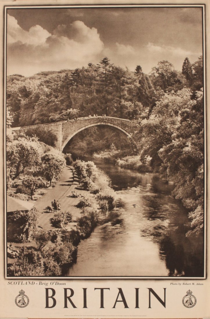 Robert M Adam's Britain Scotland - Brig O'Doon, origina: Robert M Adam's Britain Scotland - Brig O'Doon, original sepia photographic poster printed for The Travel Association circa 1948 - 76 x 51 cm; and another for Scotland - Culzean Castle by Alfred Furne