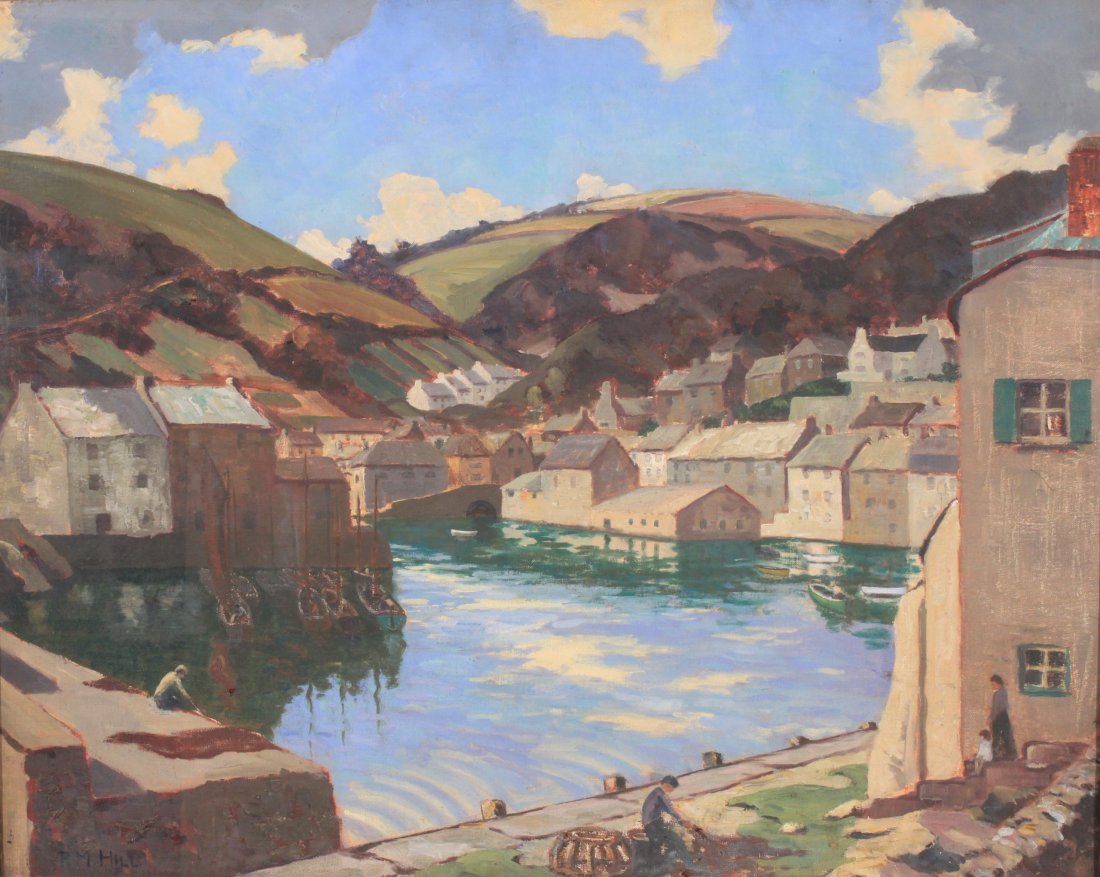 P M Hill Polperro Harbour, signed oil on canvas, the o: P M Hill Polperro Harbour, signed oil on canvas, the original design for the Great Western Railway quad royal poster, circa 1930 - 61 x 76 cm framed Provenance: Given to the vendor's Grandfather who w