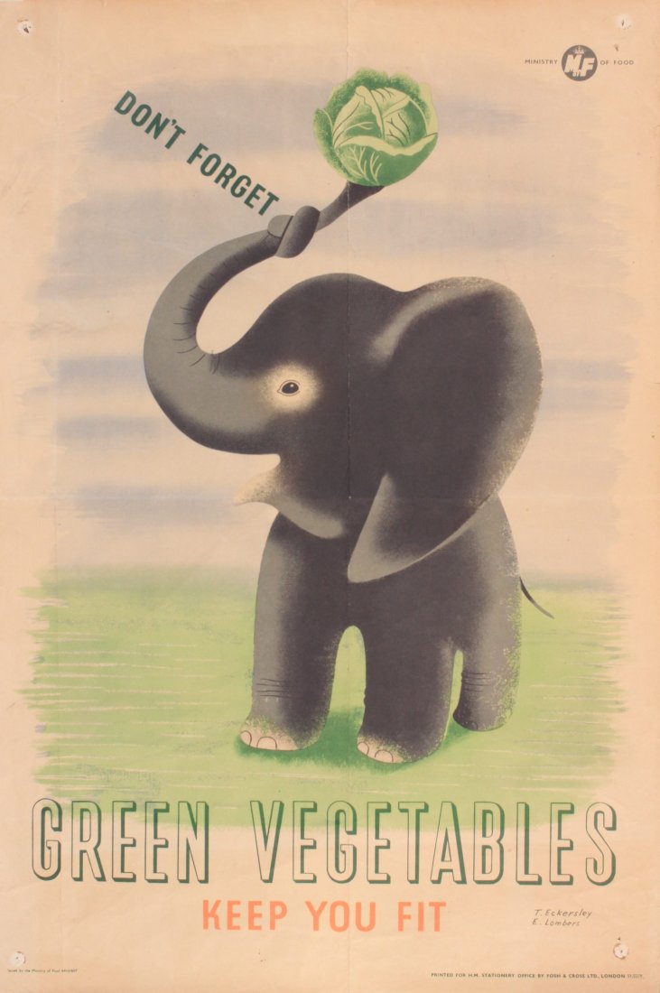 Eckersley (Tom 1914-1979) Lombers ( Eric 1914-1978): Eckersley (Tom 1914-1979) Lombers ( Eric 1914-1978) Don't Forget Green Vegatables, original WW2 Home Front poster printed for HMSO by Fosh & Cross circa 1943 - 76 x 51 cm