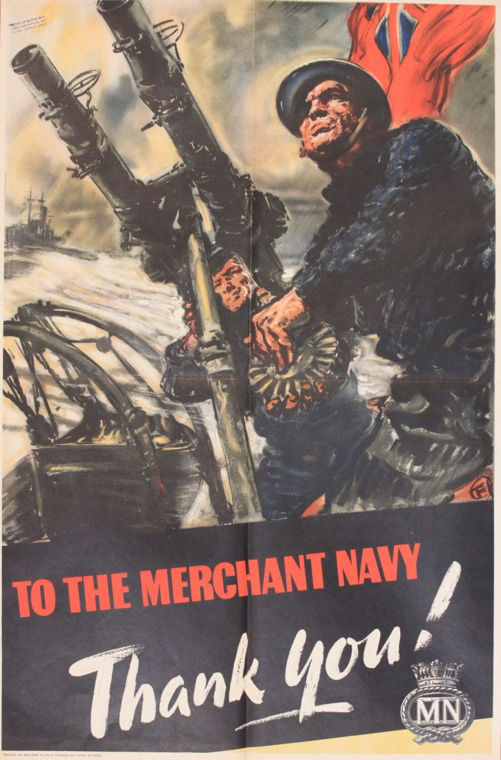 Harold Forster (dates not known) To the Merchant Navy: Harold Forster (dates not known) To the Merchant Navy Thank you ! (Anti aircraft gunners), original WW2 poster printed by Hildesley circa 1944 - 76 x 51 cm