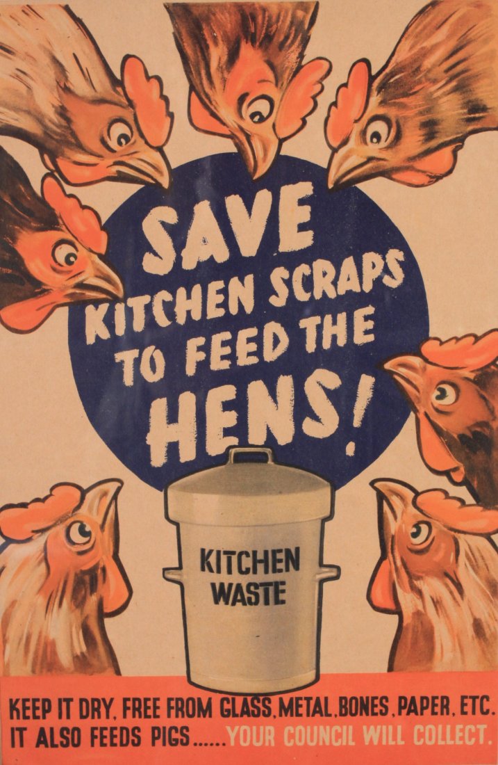 Anon Save kitchen waste to feed the Hens !, original: Anon Save kitchen waste to feed the Hens !, original WW2 Home Front poster printed for HMSO by H Manly circa 1940 - 37 x 25 cm
