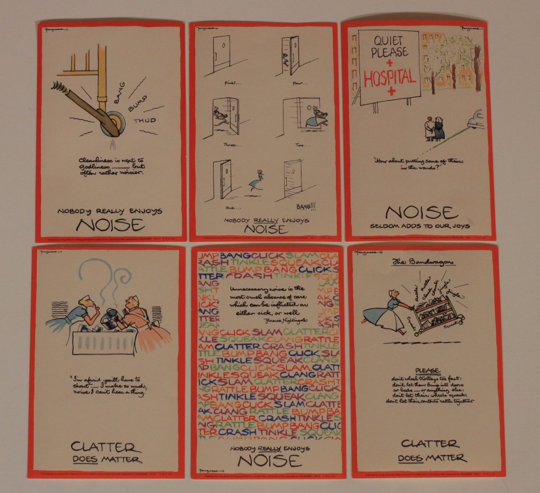 Fougasse (Cyril Kenneth Bird 1887-1965) Noise, set of 6: Fougasse (Cyril Kenneth Bird 1887-1965) Noise, set of 6 gummed miniature posters published by King Edward's Hospital with art work presented by the artist, printed by Fosh & Cross, each - 11.5 x 7.5 c