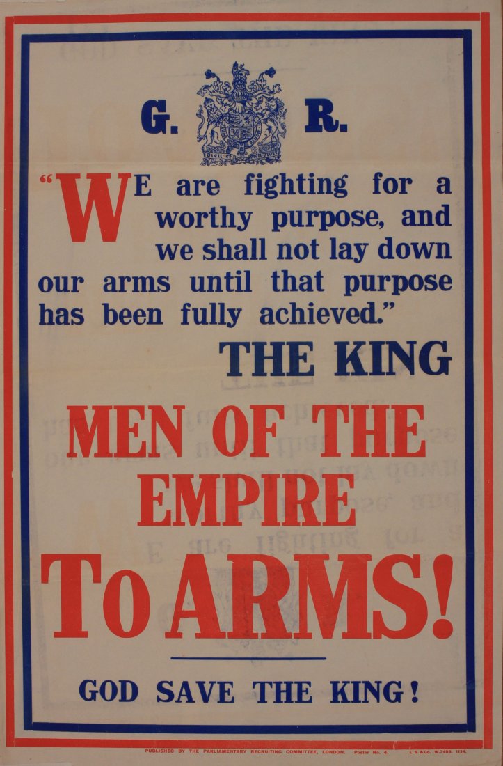 Men of the Empire To Arms !, original Parliamentary: Men of the Empire To Arms !, original Parliamentary Recruiting Committee poster No 4 red and blue letterpress printed by L.S. & Co November 1914 - 76 x 50 cm