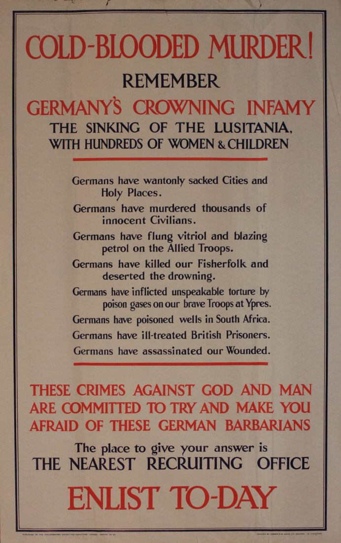 Cold-Blooded Murder remember Germany's Crowning Infamy,: Cold-Blooded Murder remember Germany's Crowning Infamy, The sinking of the Lusitania with hundreds of Women & Children Enlist To-Day, original Parliamentary Recruiting Committee poster No 97 blue and 