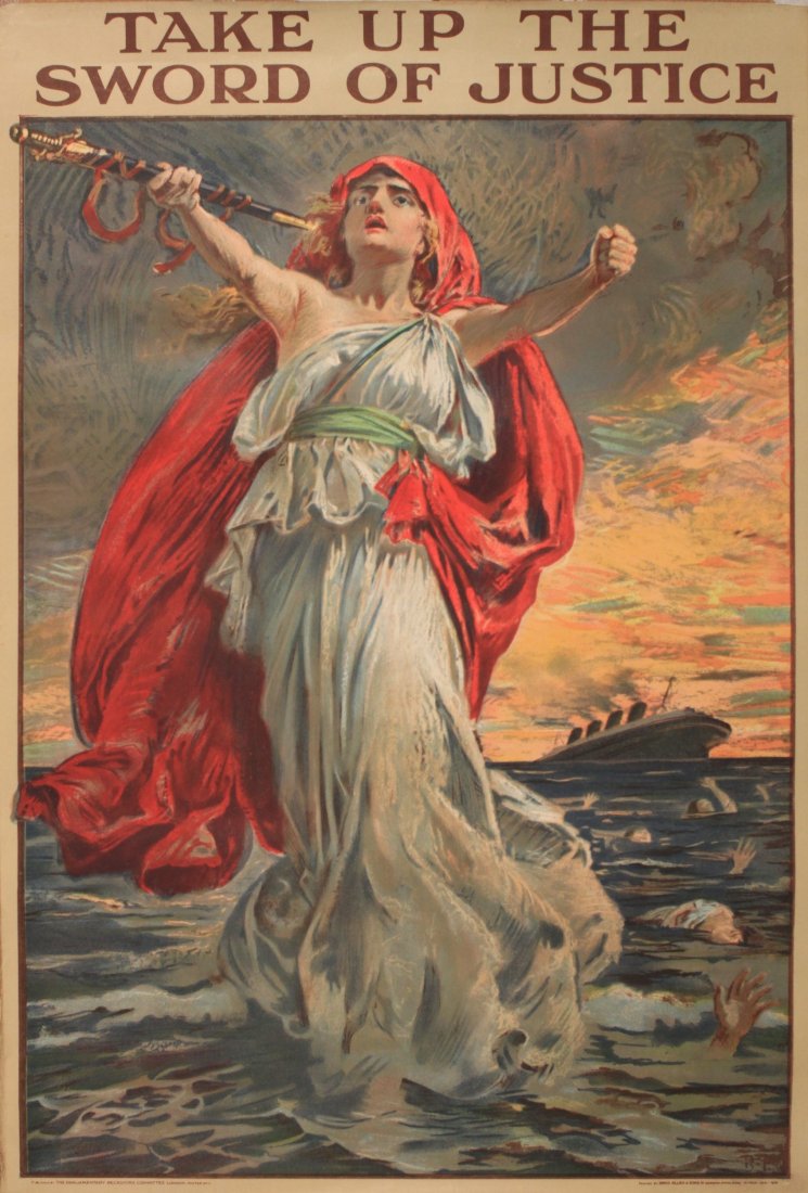 Bernard Partridge (1861-1945) Take up the Sword of: Bernard Partridge (1861-1945) Take up the Sword of Justice, original Parliamentary Recruiting Committee poster No 111 printed by David Allen June 1915 - 76 x 51 cm Unusually this poster is printed in 
