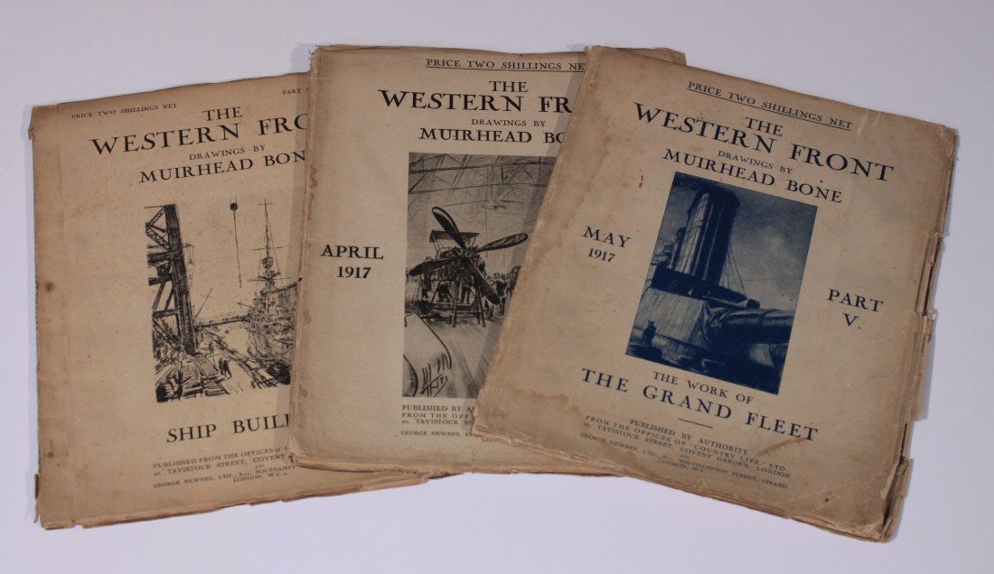 The Western Front Drawings by Muirhead Bone, Part IV: The Western Front Drawings by Muirhead Bone, Part IV April 1917, twenty plates, Part V May 1917, The Work of the Grand Fleet, twenty plates, Part X October 1917, Ship Building, twenty plates, publishe