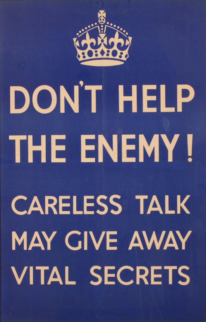 Don't Help the Enemy! Careless Talk Cost Lives,: Don't Help the Enemy! Careless Talk Cost Lives, original WW2 Home Front poster, white lettering on blue background - 76 x 51 cm