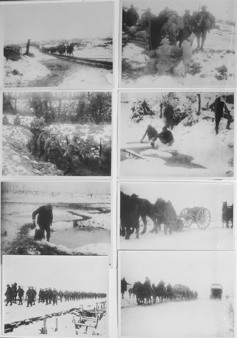 Official photographs taken on the Western Front during: Official photographs taken on the Western Front during the winter, seventeen original studies including Troops on the March, Trenches, Collecting water from frozen pond, some numbered in sequence, eac