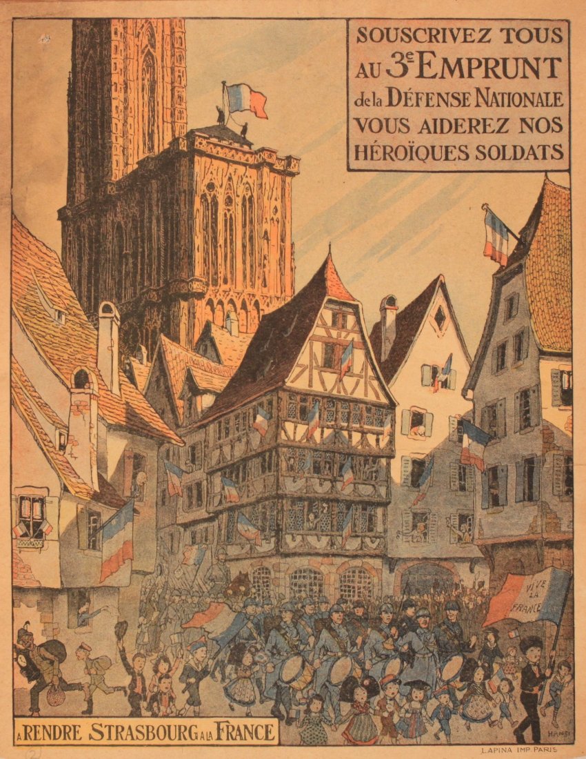 Hansi (Jean-Jacques Waltz 1873-1951) Souscrivez Tous 3e: Hansi (Jean-Jacques Waltz 1873-1951) Souscrivez Tous 3e Emprunt de la Defense Nationale original poster printed by Lapina Paris 1918, and another 2e Emprunt with border loss, each - 35 28 cm (2)