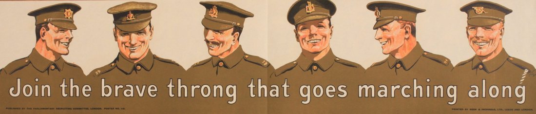 Gerald Wood's Join the brave throng that goes marching: Gerald Wood's Join the brave throng that goes marching along, original Parliamentary Recruiting Committee small slip poster No 124 printed by Beck & Inchbold Ltd - 16 x 74 cm A long narrow design show