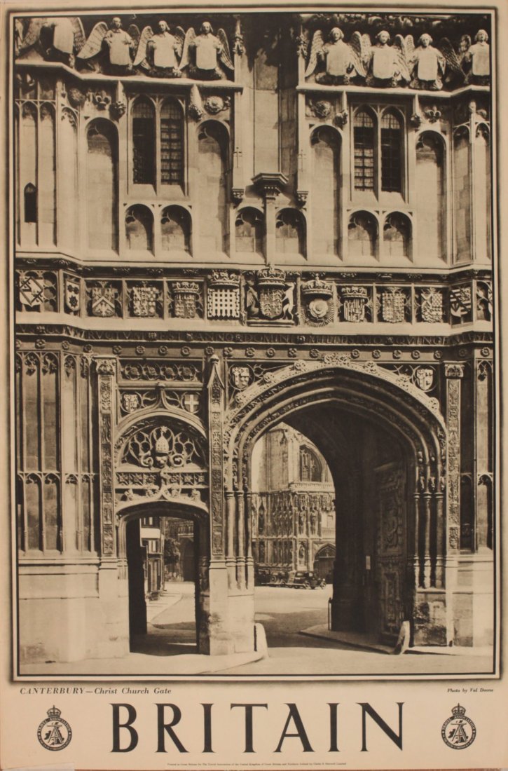 Val Doone's Britain Canterbury - Christ Church Gate,: Val Doone's Britain Canterbury - Christ Church Gate, original sepia photographic poster printed for The Travel Association circa 1938 - 76 x 51 cm