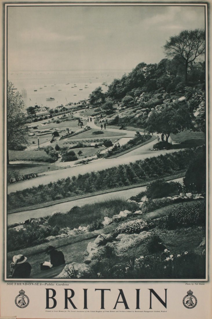 Val Doone's Britain Southend-on-Sea - Public Gardens,: Val Doone's Britain Southend-on-Sea - Public Gardens, original sepia photographic poster printed for The Travel Association circa 1948 - 76 x 51 cm