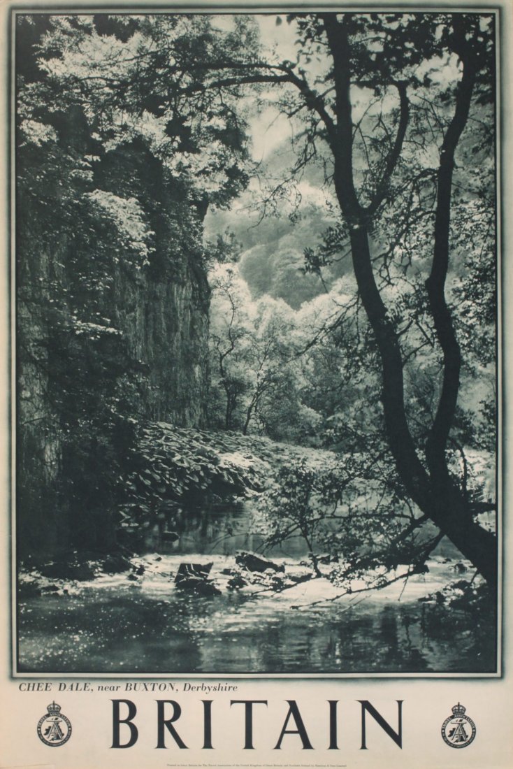 Anon Britain Chee Dale, near Buxton, Derbyshire,: Anon Britain Chee Dale, near Buxton, Derbyshire, original sepia photographic poster printed for The Travel Association circa 1948 - 76 x 51 cm; Chesterfield The Crooked Spire, original sepia photograp