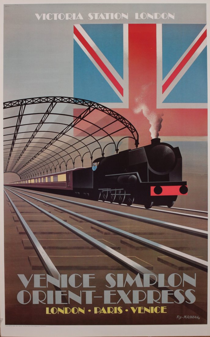 Original Vintage Poster: Pierre Fix-Masseau (1905-1994) Venice Simplon Orient-Express Victoria Station, Milano, The Alps, and Sleeping Car, four posters printed by Bauge 1981 - 99 x 62 cm (4)