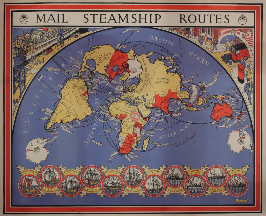 Original Vintage Poster: Macdonald Gill (1884-1947) Post Office Radio-Telephone Services, original poster printed by J Weiner 1935 - 102 x 127 cm