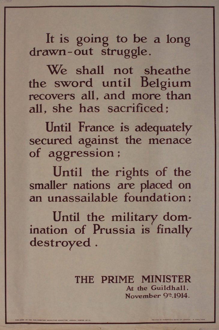 Original Vintage Poster: It is going to be a long drawn out struggle... The Prime Minister at the Guildhall November 9th 1914, original Parliamentary Recruiting Committee poster No 110 printed by Roberts & Leete - 76 x 51 cm