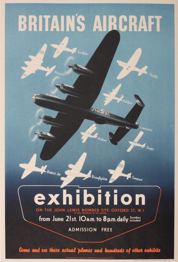 Original Vintage Poster: Designer Unknown Britain's Aircraft Exhibition on the John Lewis bombed site, June 21st, original WW2 poster issued by the MOI, printed for HMSO by Lowe & Brydone 1945 - 76 x 51 cm