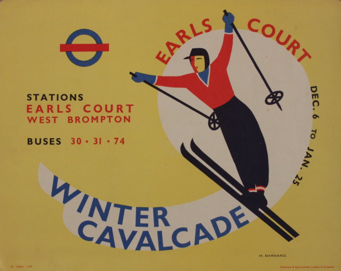 Original Vintage Poster: M Barnard (Margaret 1900-1992) Winter Cavalcade Earls Court, original panel poster printed by Waterlow 1938 - 26 x 32 cm yellow background