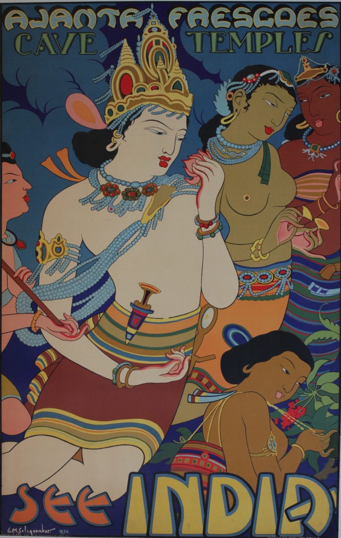 Vintage Posters: G M Salgaonkar (dates unknown) Ajanta Frescoes See India, printed for the Government of India by Bolton Fine Art Bombay 1934 - 102 x 63 cm