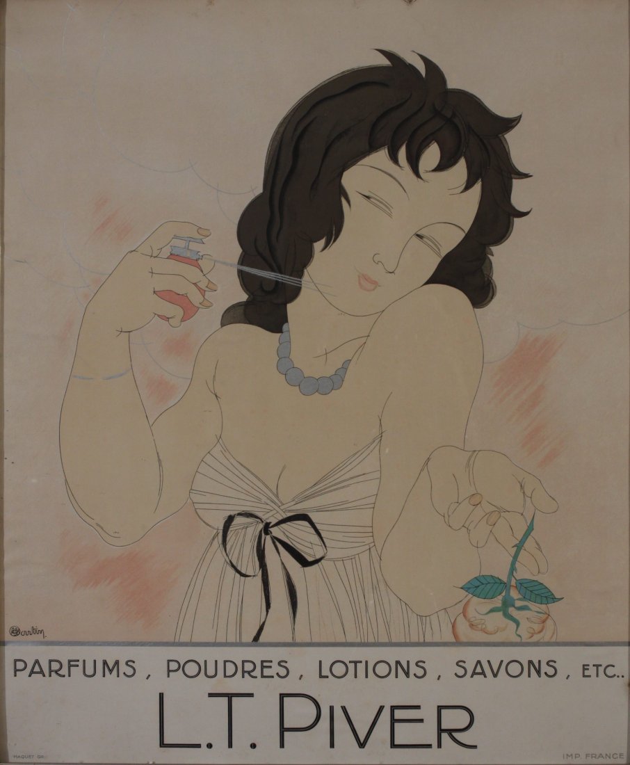 Vintage Posters: Martin (Charles fl.1920's) L.T.Piver Parfums, Poudres, Lotions, Savons, original poster printed by Maquet c.1920 - 60 x 50 cm original silver art deco style frame Charles Martin, was the Art Deco mast