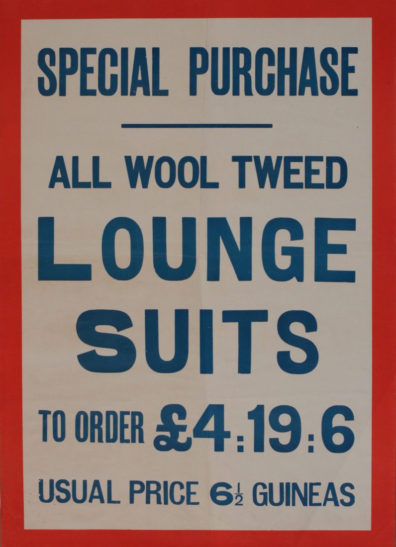 Vintage Posters: Special Purchase, All Wool Tweed Lounge Suits, letter press advertisement - 57 x 41 cm