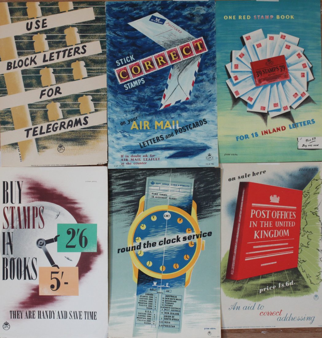 Vintage Posters: Stan Krol (born 1910) A group of six 1950's GPO posters including Use Block Letters, Stick Correct Stamps, One red stamp book and Round the clock services, each - 37 x 24 cm; and one other Spencer Mar