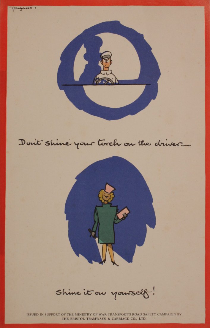 Vintage Posters: Fougasse (Kenneth Bird 1887-1965) Don't shine your torch on the driver, issued in support of the Ministry of War Transport's Road Safety Campaign by The Bristol Tramways & Carriage Co Ltd - 35 x 23 cm