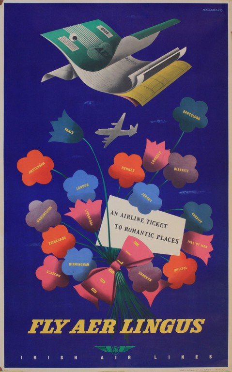 Original Vintage Poster: Bainbridge Fly Aer Lingus An Ailine Ticket to Romantic Places , printed by Ormonde c.1955 - 102 x 63 cm