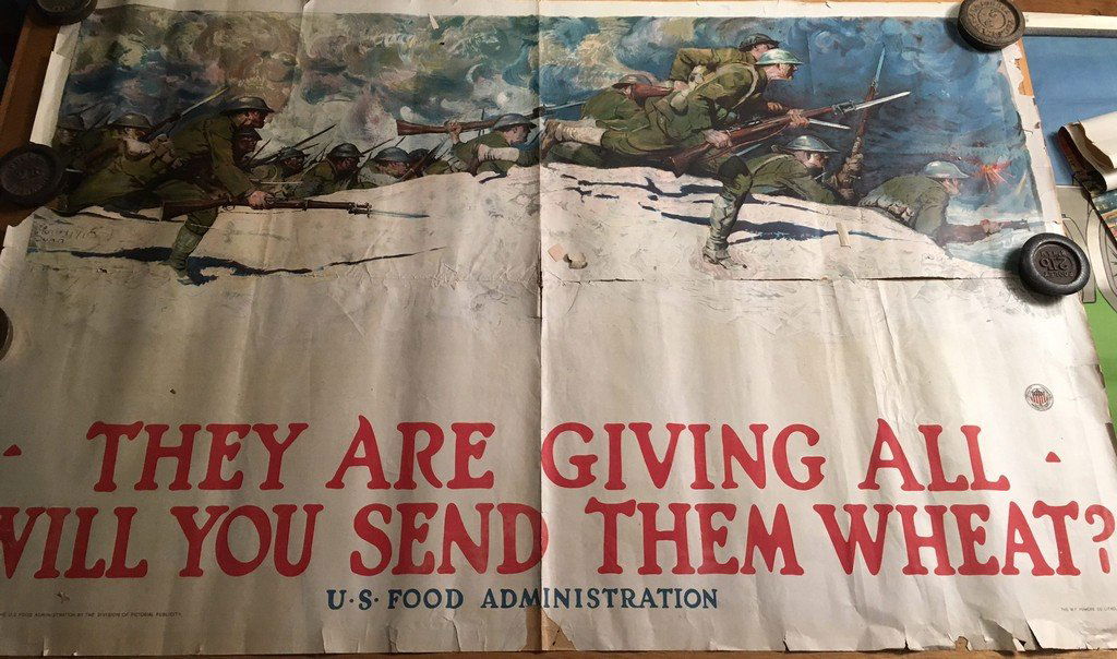 Original Vintage Poster: Harvey Dunn They are giving all will you send them wheat? , original US Food Administration printed USA 1918- 92 x 142 cm; and Jonas Lie On the Job for Victory , original US Food Administration printe