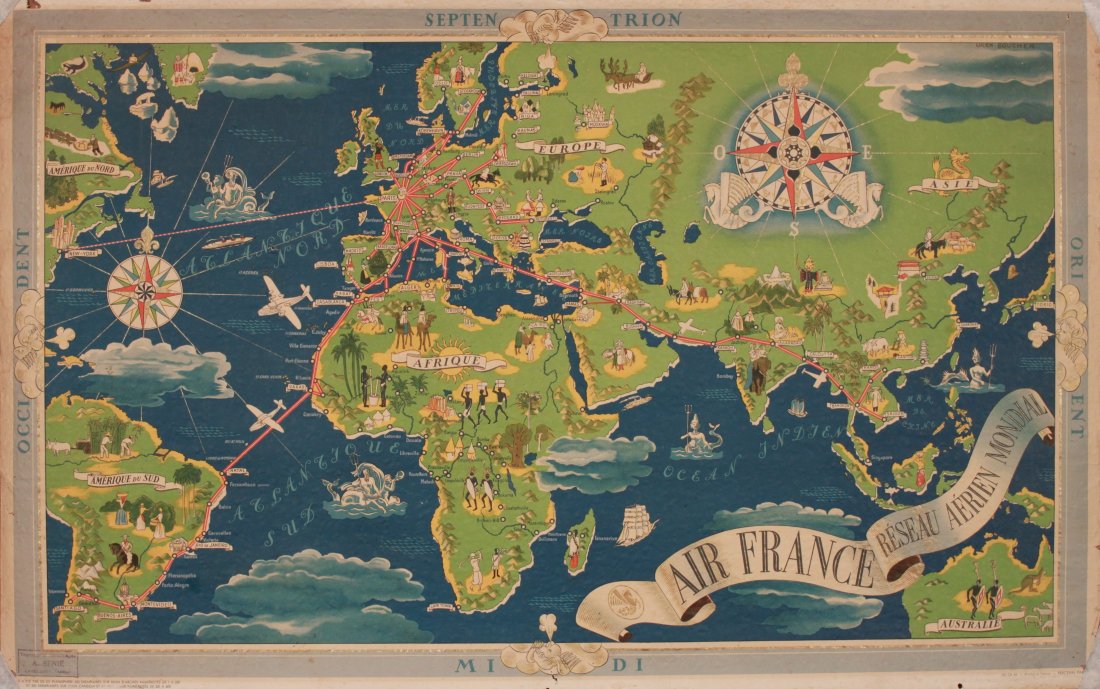 Lucien Boucher Air France World Map of Air Routes,: Lucien Boucher Air France World Map of Air Routes, original poster printed by Perceval c.1939 - 64 x 101 cm Crinkled paper