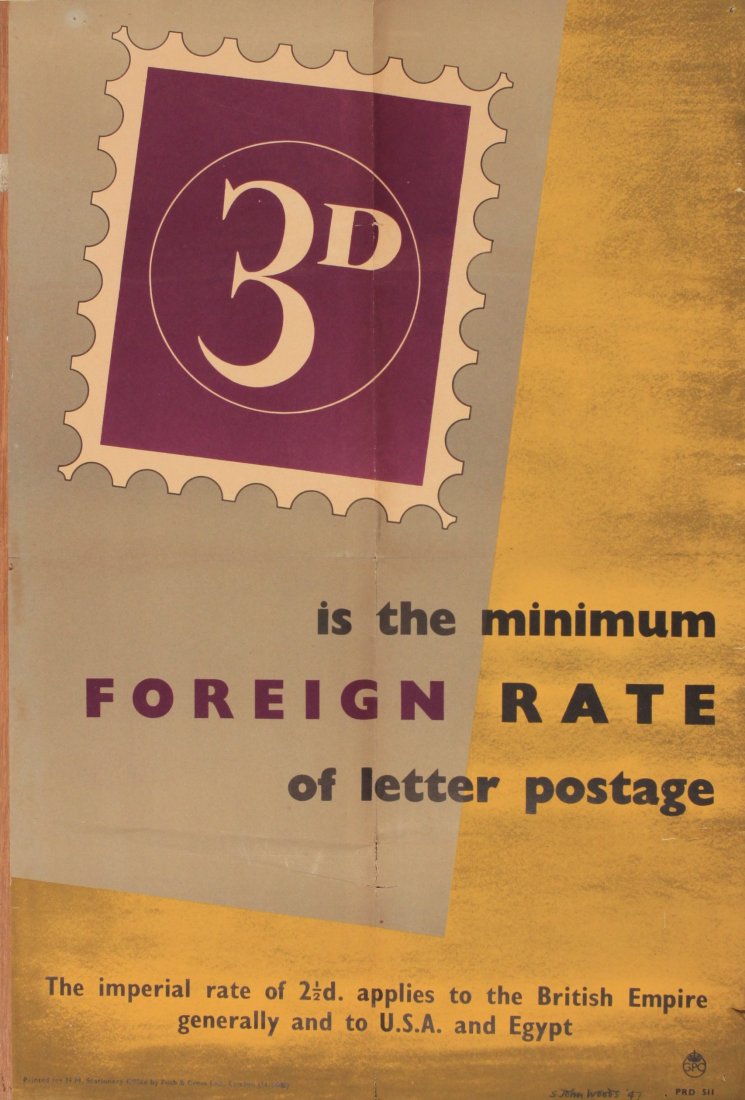S John Woods 3d is the minimum Foreign Rate, poster PRD: S John Woods 3d is the minimum Foreign Rate, poster PRD 511 printed by Fosh & Cross 1947 - 74 x 49 cm