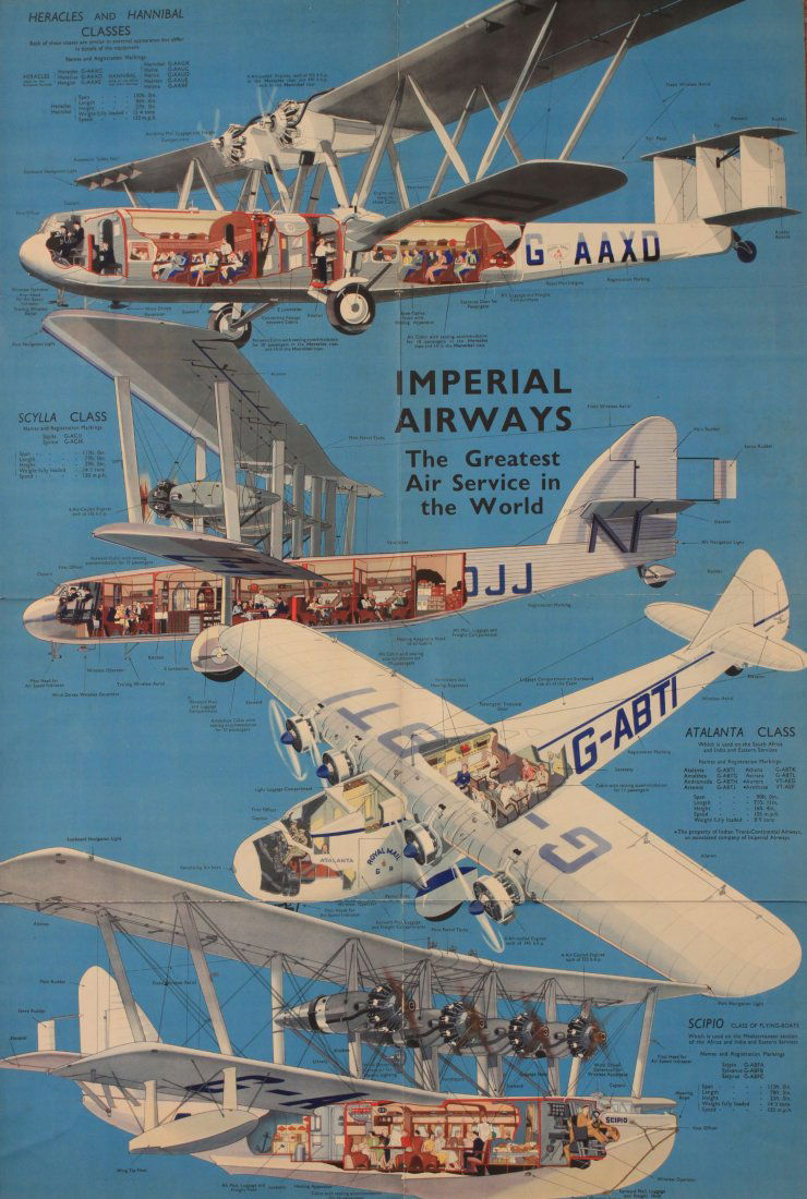 V L Danvers (Verney 1895-1973) Imperial Airways Travel: V L Danvers (Verney 1895-1973) Imperial Airways Travel In Perfect Comfort, poster brochure showing cutaway views including Heracles and Hannibal, Scylla, and Atlanta Classes, printed by Ben Johnson De