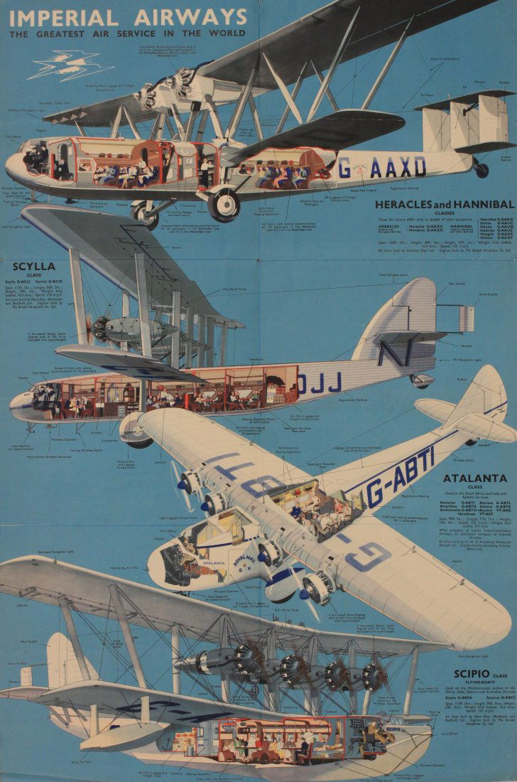 Severin (Marc F 1906-1987) Imperial Airways Europe: Severin (Marc F 1906-1987) Imperial Airways Europe Africa Asia Australia, poster brochure for all Classes of Air Liners, cutaway views, Map of Empire Routes, printed by Ben Johnson May 1934 - 75 x 50