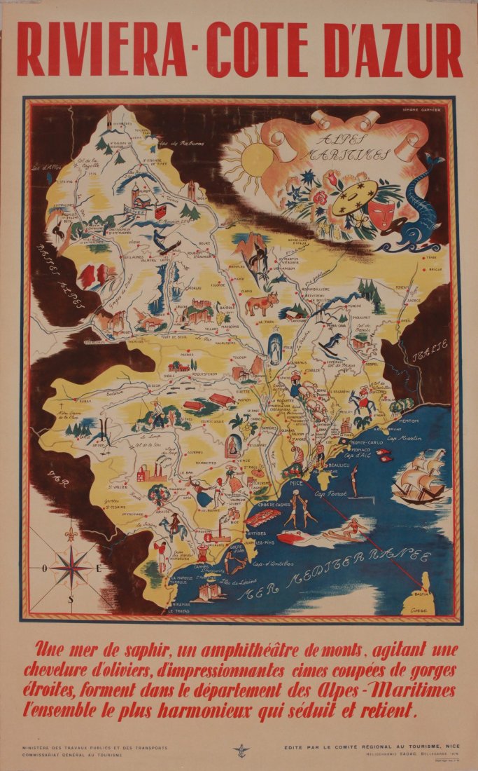 Simone Garnier Riviera Cote D'Azur, original poster: Simone Garnier Riviera Cote D'Azur, original poster printed for Regional Tourisme Nice c.1946 - 100 x 62