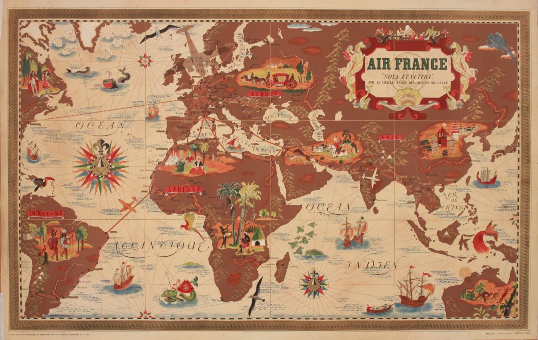 Lucien Boucher Air France World Map of Air Routes,: Lucien Boucher Air France World Map of Air Routes, original poster printed by Perceval c.1939 - 63 x 99 cm