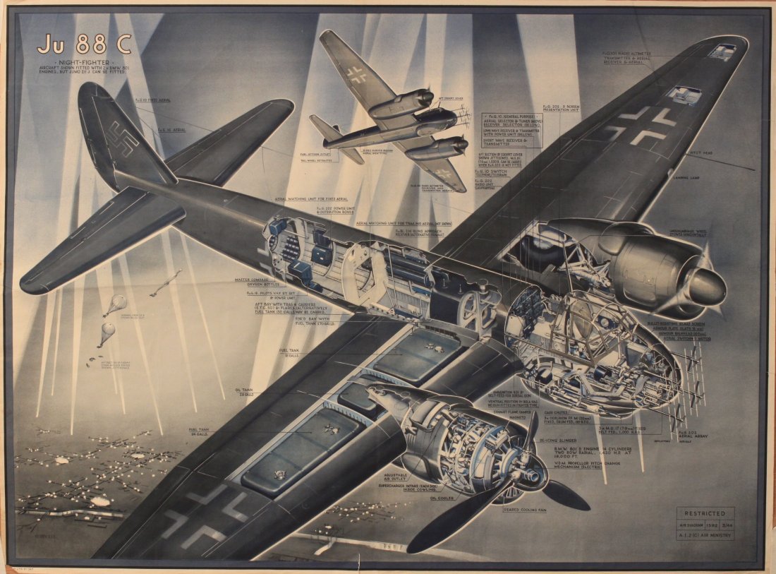 Kerry Lee (1904-1988) Ju 88c (Junkers), Air Diagram: Kerry Lee (1904-1988) Ju 88c (Junkers), Air Diagram printed for HMSO by F&H 3/1944 - 74 x 99 cm