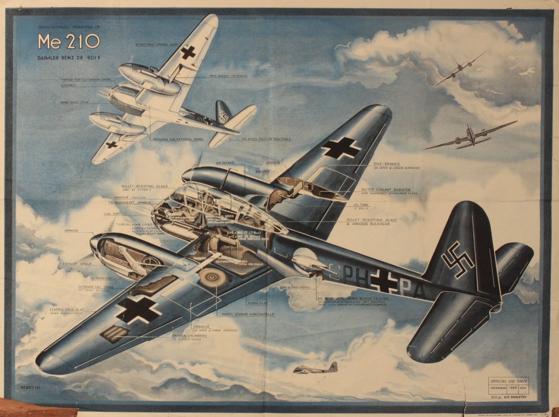 Kerry Lee (1904-1988) Me 210 (Messerschmitt),: Kerry Lee (1904-1988) Me 210 (Messerschmitt), Provisional Drawing of, Air Diagram printed for HMSO by Weiner 10/1942 - 76 x 101 cm