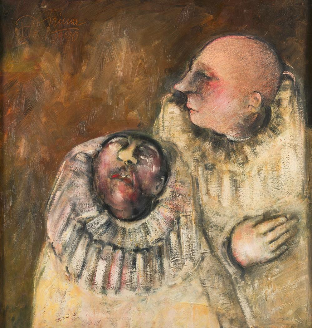 DONATO GRIMA - "Payasos", 1990: Signed. Firmado y fechado en el ángulo superior izquierdo. Al dorso Signed. Firmado y fechado Dimensions: 60 x 60 cm Technique: Óleo sobre lienzo. Oil on canvas Date: 1949 / . Author or M