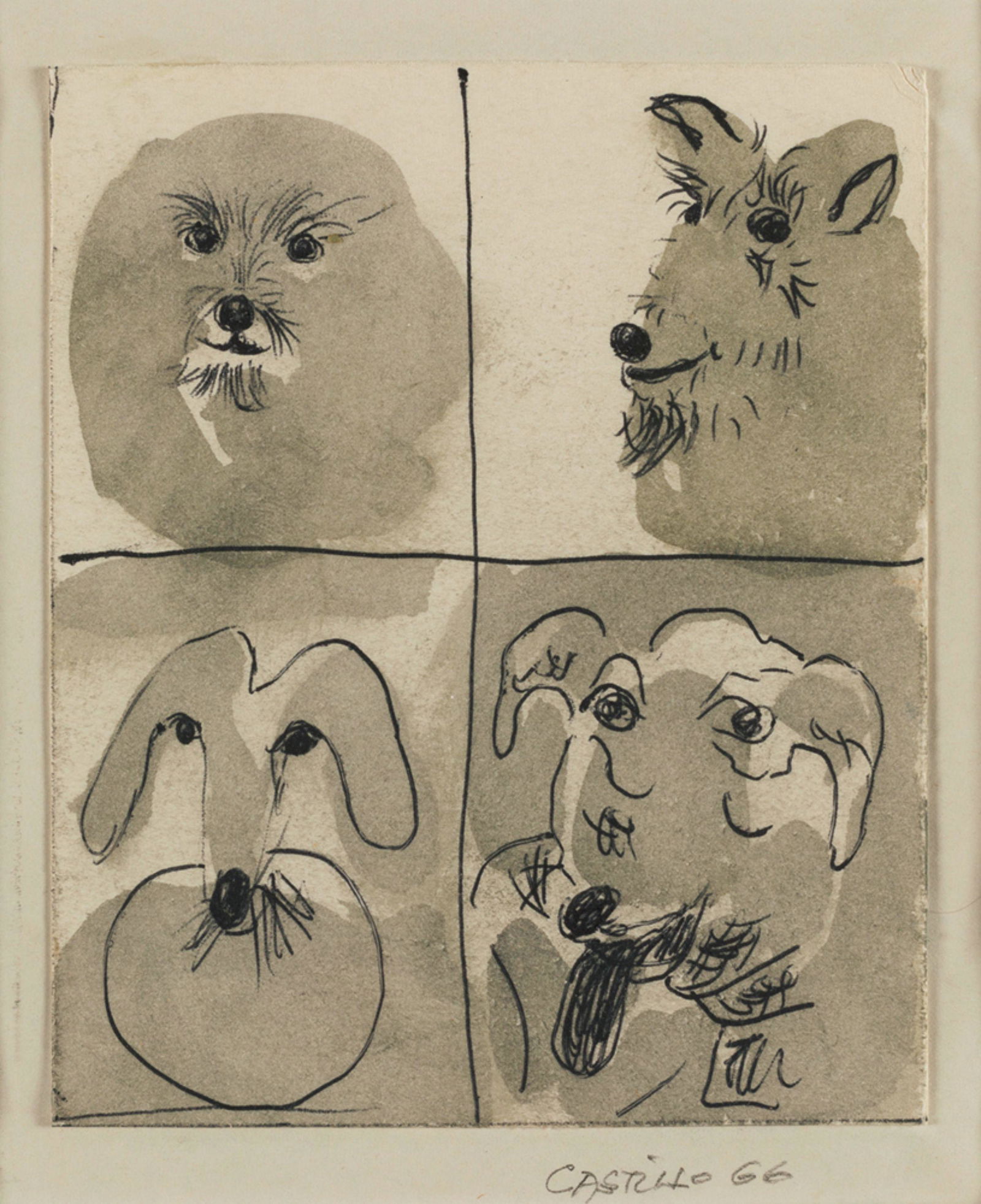 JORGE CASTILLO "Dogs", 1966: Gouache and ink on paper. Signed in pencil and dated on the bottom of the paper
