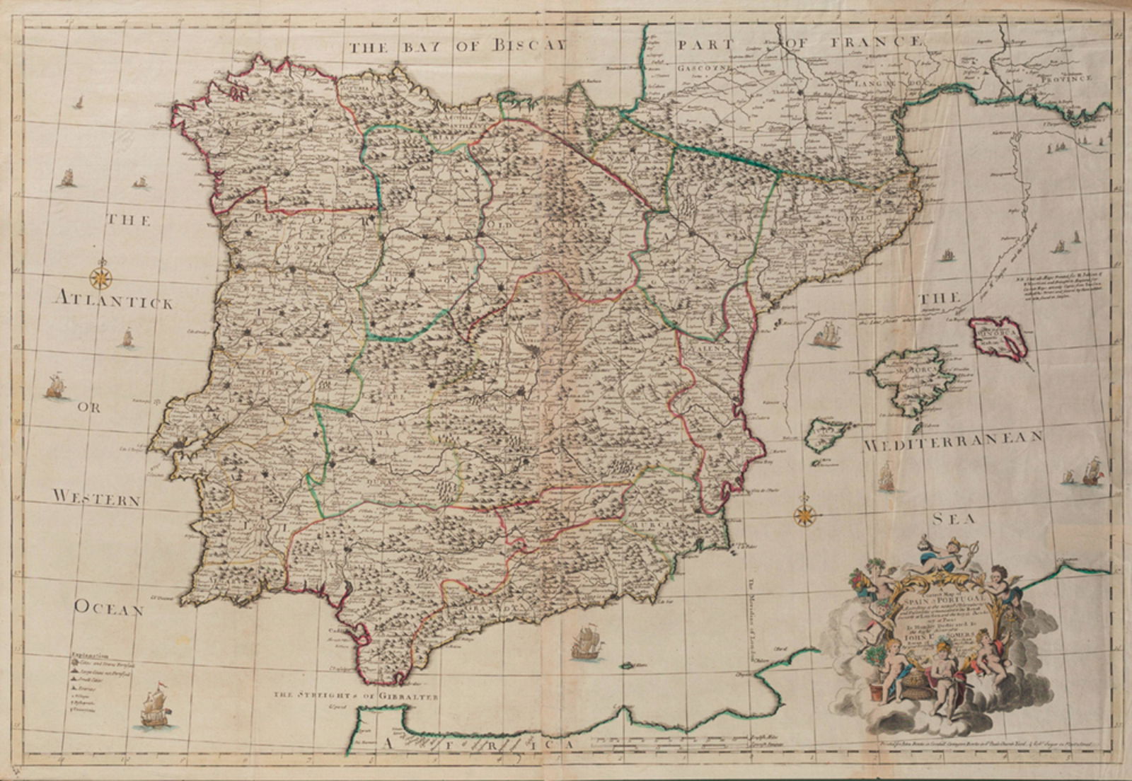 JOHN SENEX "Map of EspaÃ±a and Portugal": â€œA Correct Map of SPAIN & PORTUGAL According to the newest Observationsâ€¦.”. London, 1708. Rare map of the Peninsula and the Balearic Islands, delineated by Price and engraved on two